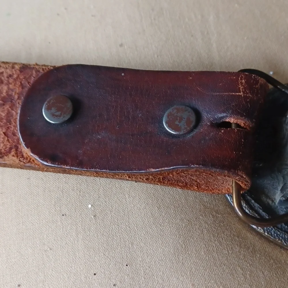 Bergamot Brass Belt Buckle 1983, Running Buck, with hand tooled leather belt, 34